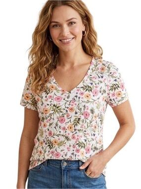 J Jill Pima Short Sleeve V-Neck Tee Sz L w MEASUREMENTS Pink Floral Print